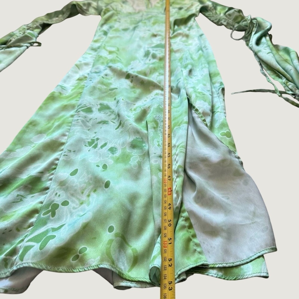 Maxi Dress Medium Boho Tie Dye Satin Ruched Bell Sleeve Green V-Neck - Picture 7 of 11